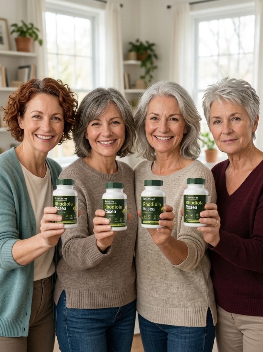 Happy customers holding Rhodiola Rosea bottles